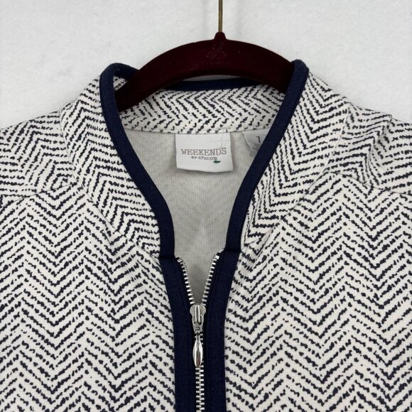 Weekends Chico's Vest Women's Size M Blue White Chevron Print Sleeveless Zip Up - Picture 3 of 11